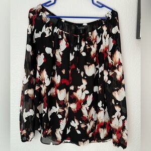 White House Black Market Black & Red Floral Blouse Size 10 Lined.